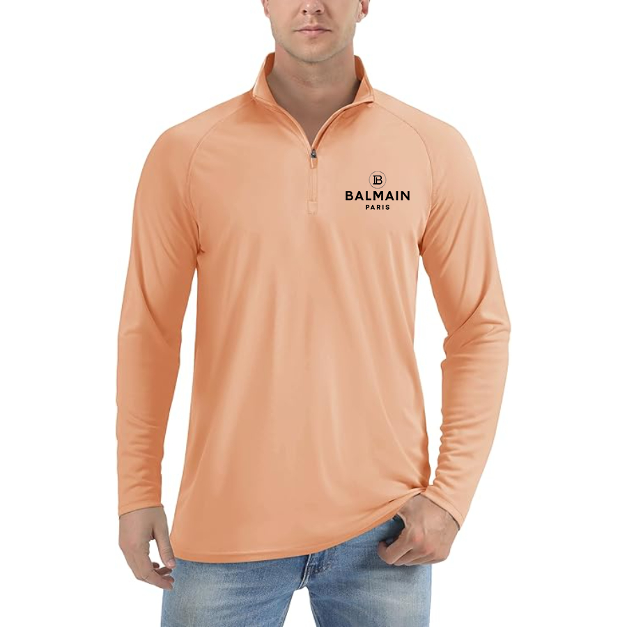 Men's Balmain Paris  Lightweight Quarter-Zip Athletic Shirt Long Sleeve Performance Wear