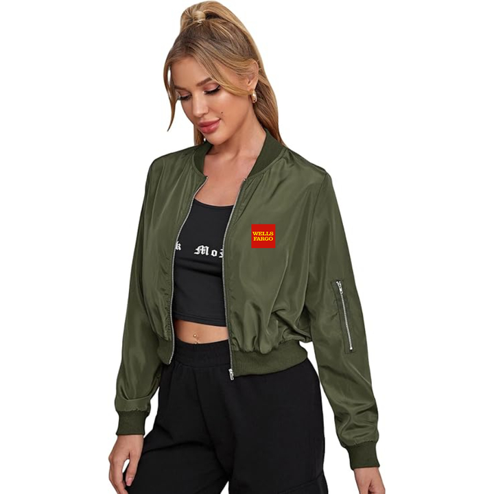 Women's Wells Fargo Lightweight Bomber Biker Jacket Zip up Windbreaker Crop Bomber Jacket Coat