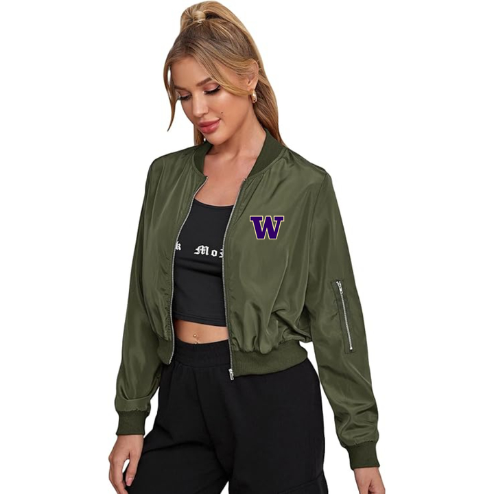 Women's Washington Huskies Lightweight Bomber Biker Jacket Zip up Windbreaker Crop Bomber Jacket Coat