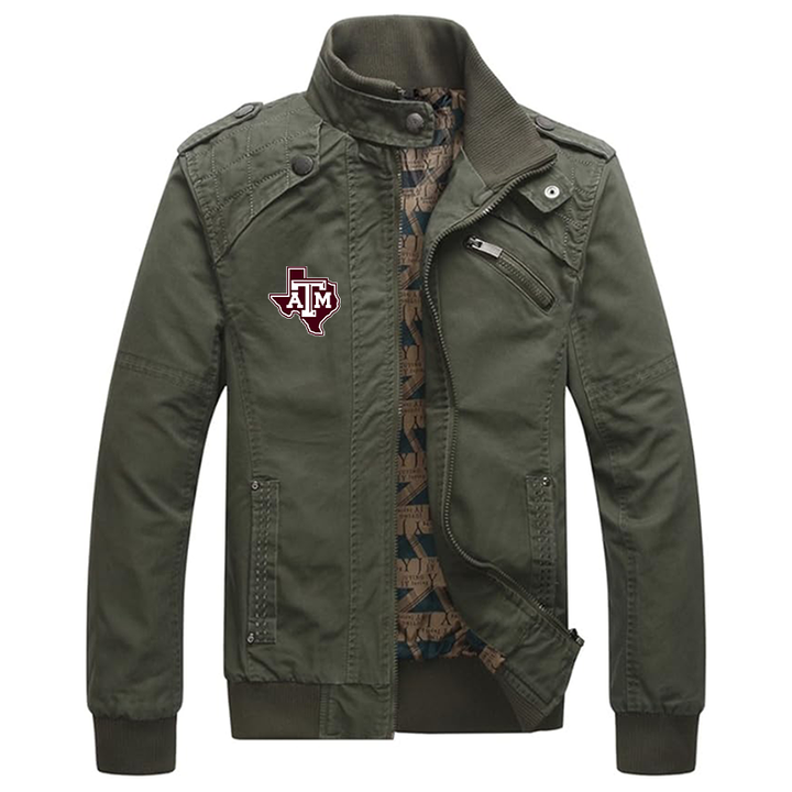 Men's Texas AM Aggies Dwar Casual Washed Cotton Military Outdoor Jackets with Shoulder Straps