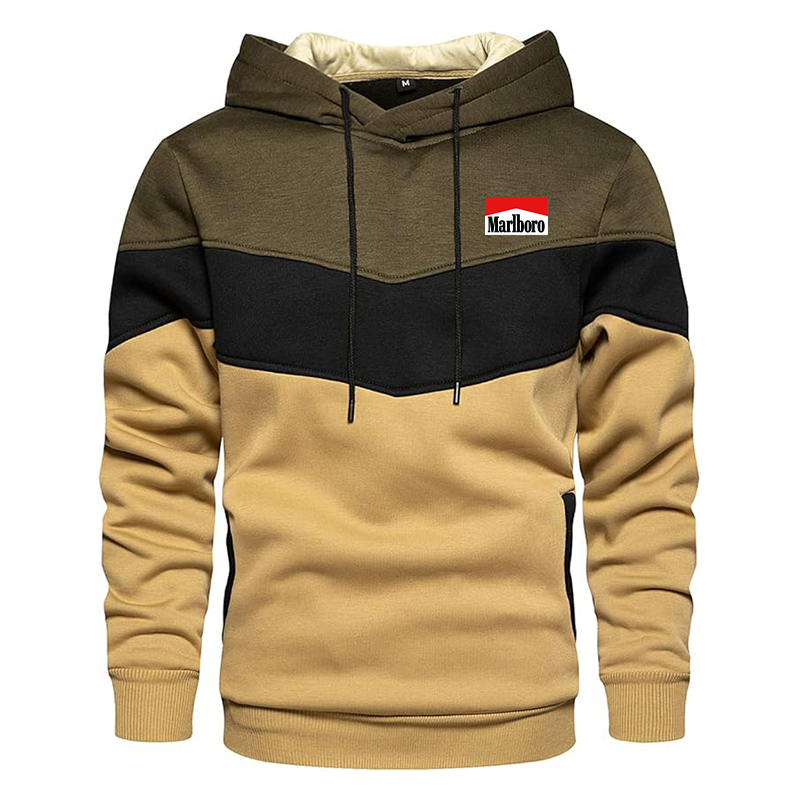 Men's Marlboro Gesean Novelty Color Block Pullover Fleece Hoodie Long Sleeve Casual Sweatshirt with Pocket