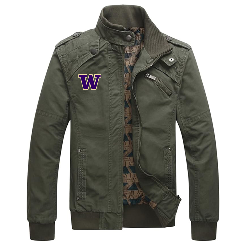 Men's Washington Huskies Dwar Casual Washed Cotton Military Outdoor Jackets with Shoulder Straps