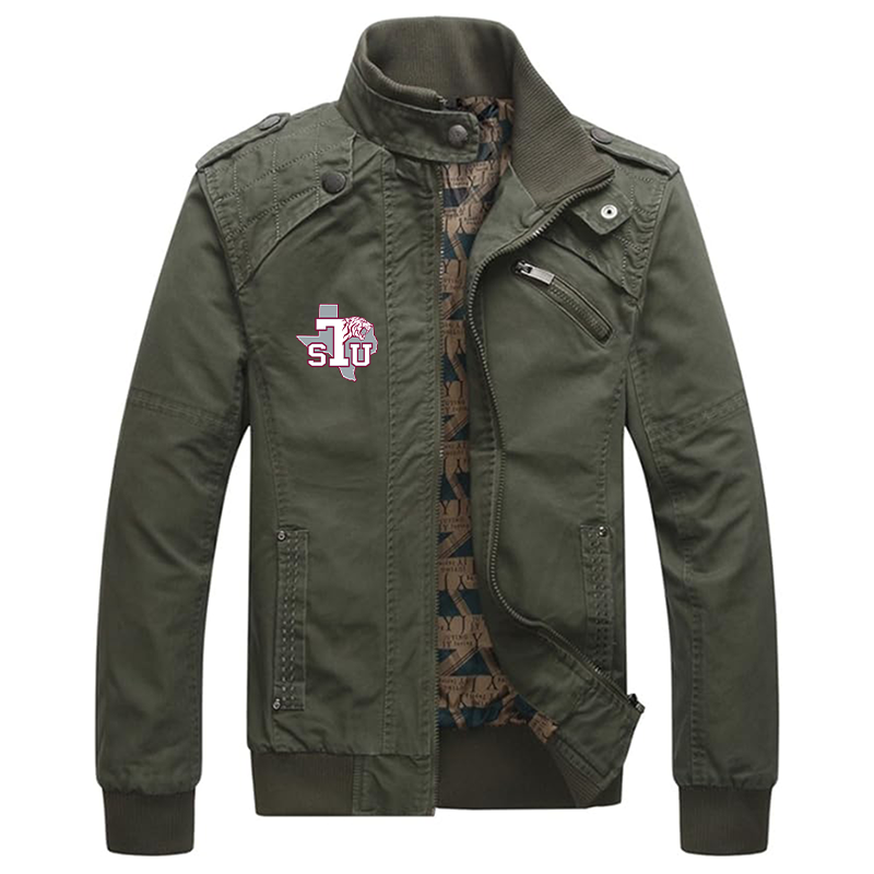 Men's Texas Southern Tigers Dwar Casual Washed Cotton Military Outdoor Jackets with Shoulder Straps