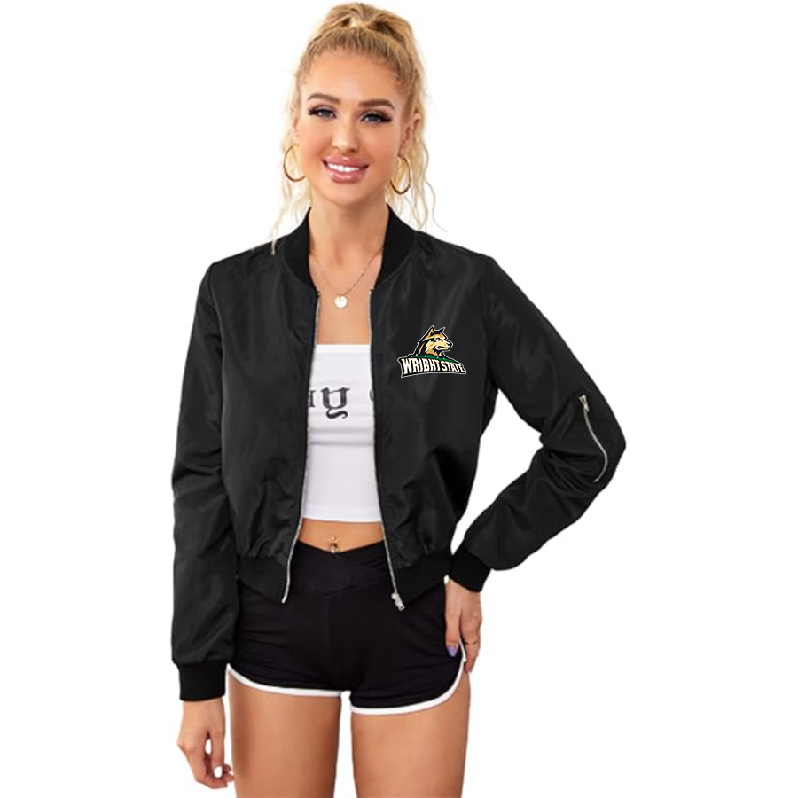 Women's Wright State Raiders Lightweight Bomber Biker Jacket Zip up Windbreaker Crop Bomber Jacket Coat