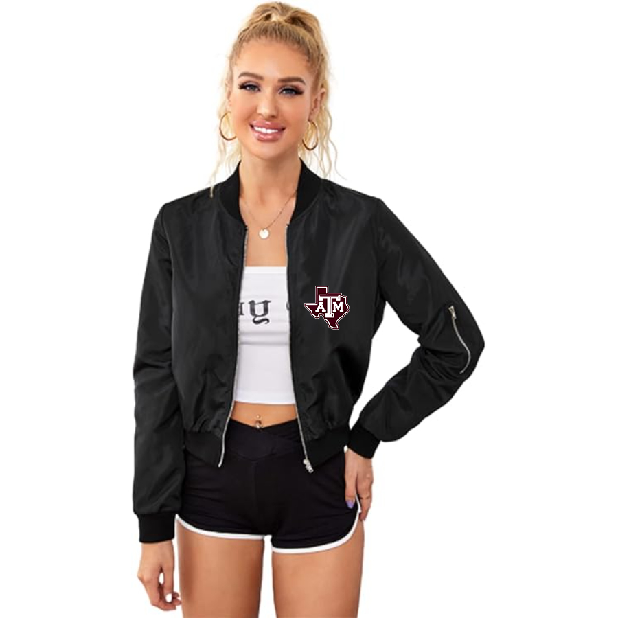 Women's Texas AM Aggies Lightweight Bomber Biker Jacket Zip up Windbreaker Crop Bomber Jacket Coat