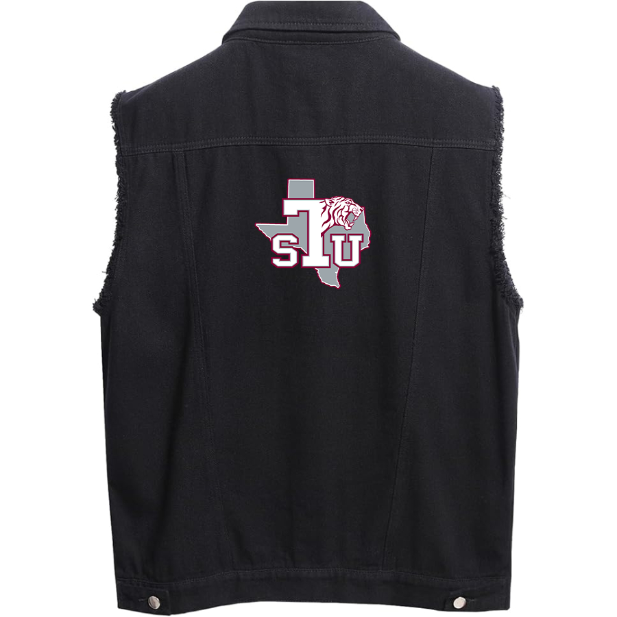 Men's Texas Southern Tigers Sleeveless Distressed Denim Vest  Rugged Black Jean Jacket