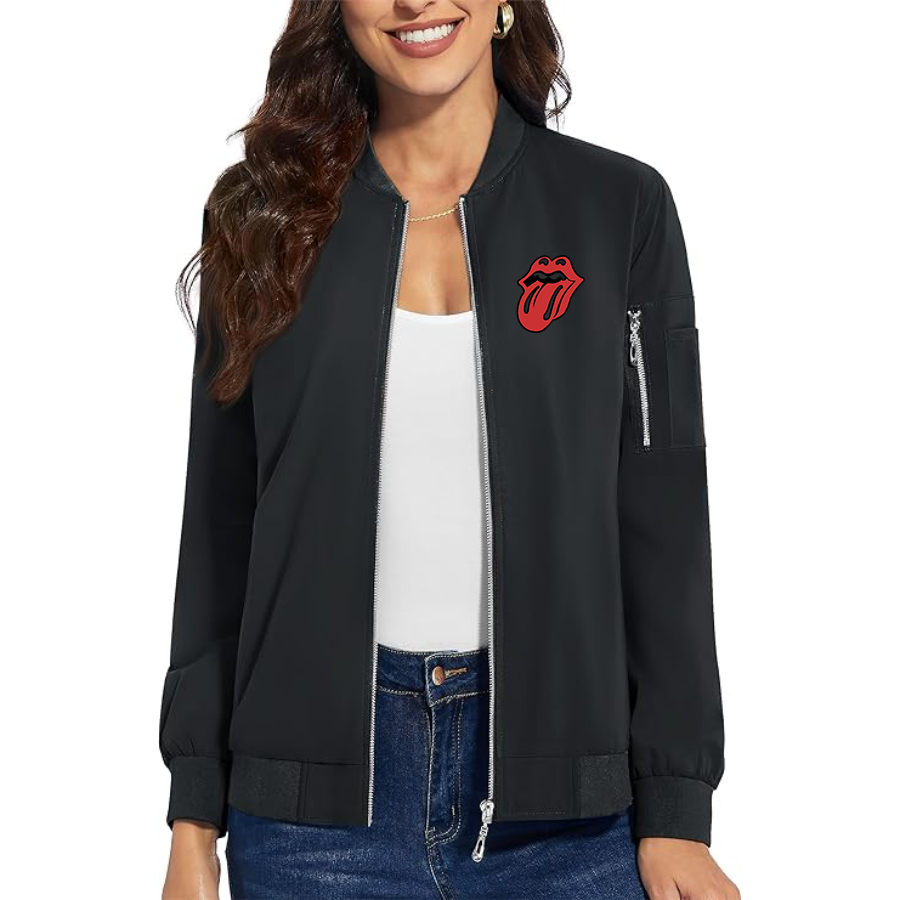 Women's Rolling Stones Premium Bomber Jacket with Polished Detailing and Functional Sleeve Pocket Modern Luxury Outerwear