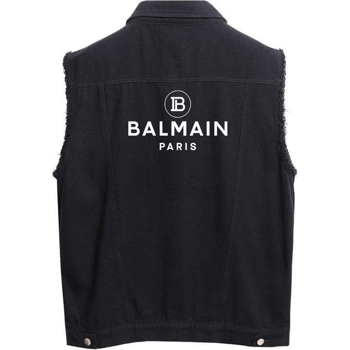 Men's Balmain Paris Sleeveless Distressed Denim Vest  Rugged Black Jean Jacket