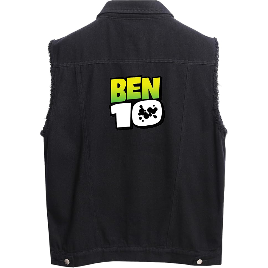 Men's  Ben 10 Sleeveless Distressed Denim Vest  Rugged Black Jean Jacket