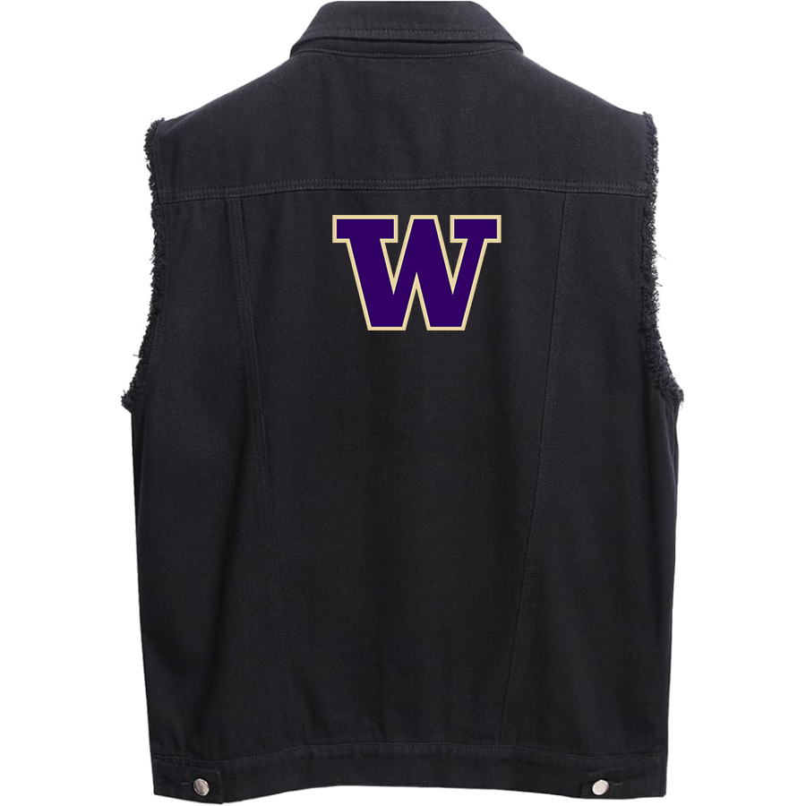 Men's Washington Huskies Sleeveless Distressed Denim Vest  Rugged Black Jean Jacket