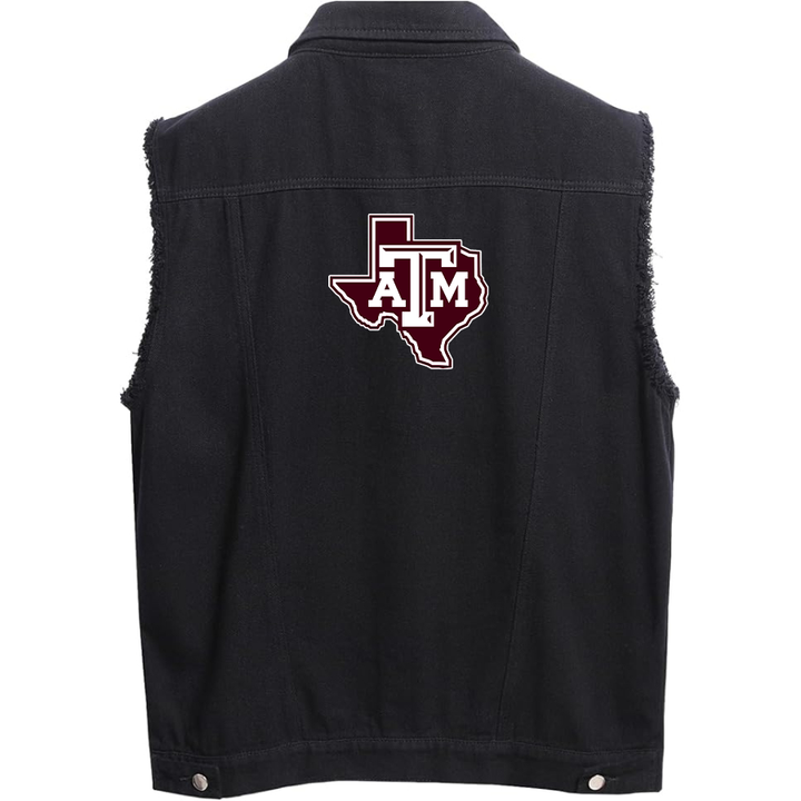 Men's Texas AM Aggies Sleeveless Distressed Denim Vest  Rugged Black Jean Jacket