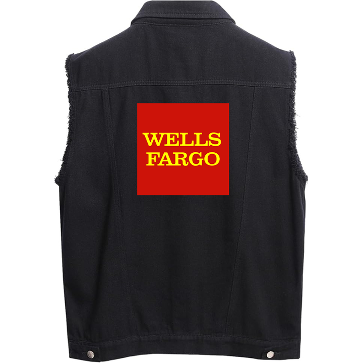 Men's Wells Fargo Sleeveless Distressed Denim Vest  Rugged Black Jean Jacket