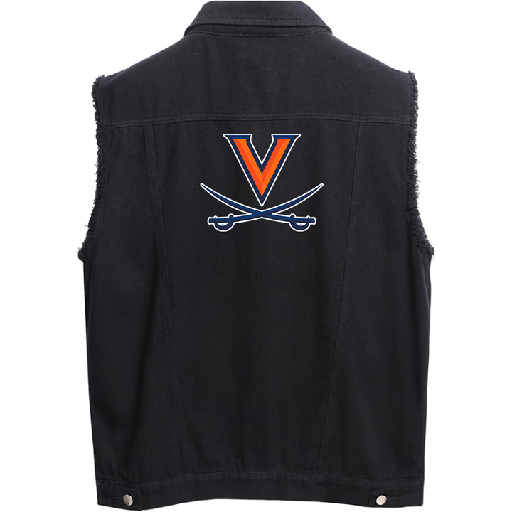 Men's Virginia Cavaliers Sleeveless Distressed Denim Vest  Rugged Black Jean Jacket