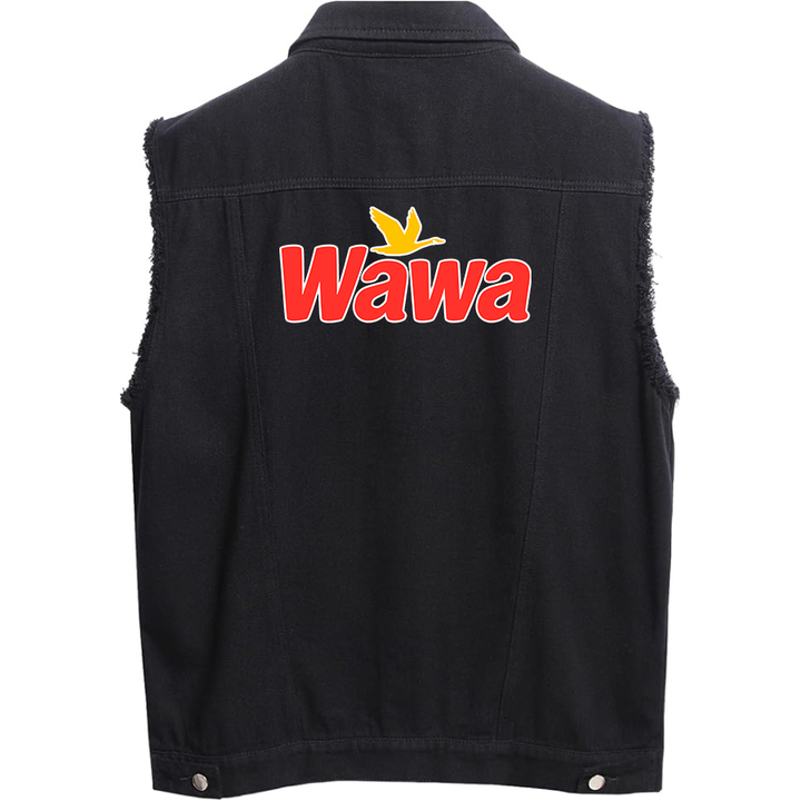 Men's Wawa Gas Station Sleeveless Distressed Denim Vest  Rugged Black Jean Jacket