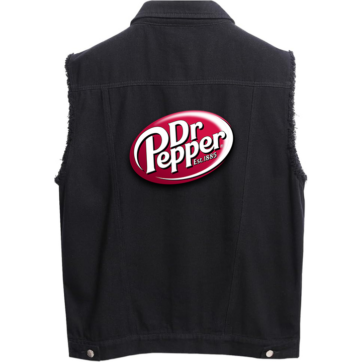 Men's Dr.Pepper Sleeveless Distressed Denim Vest  Rugged Black Jean Jacket