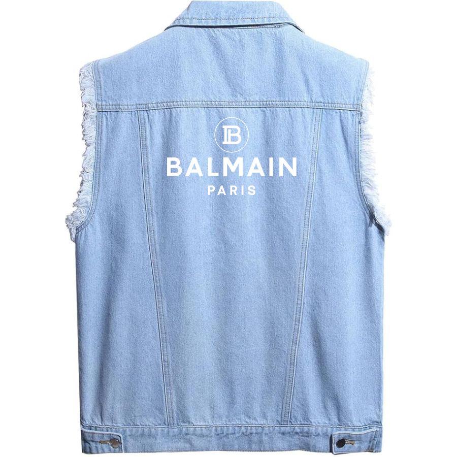 Men's Balmain Paris Sleeveless Distressed Denim Vest  Rugged Black Jean Jacket