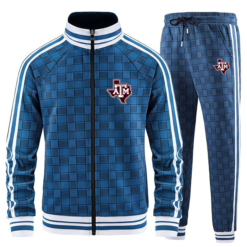 Men's Texas AM Aggies Tracksuits Full-zip Long Sleeve Plaid Track Jackets and Pants 2 Piece