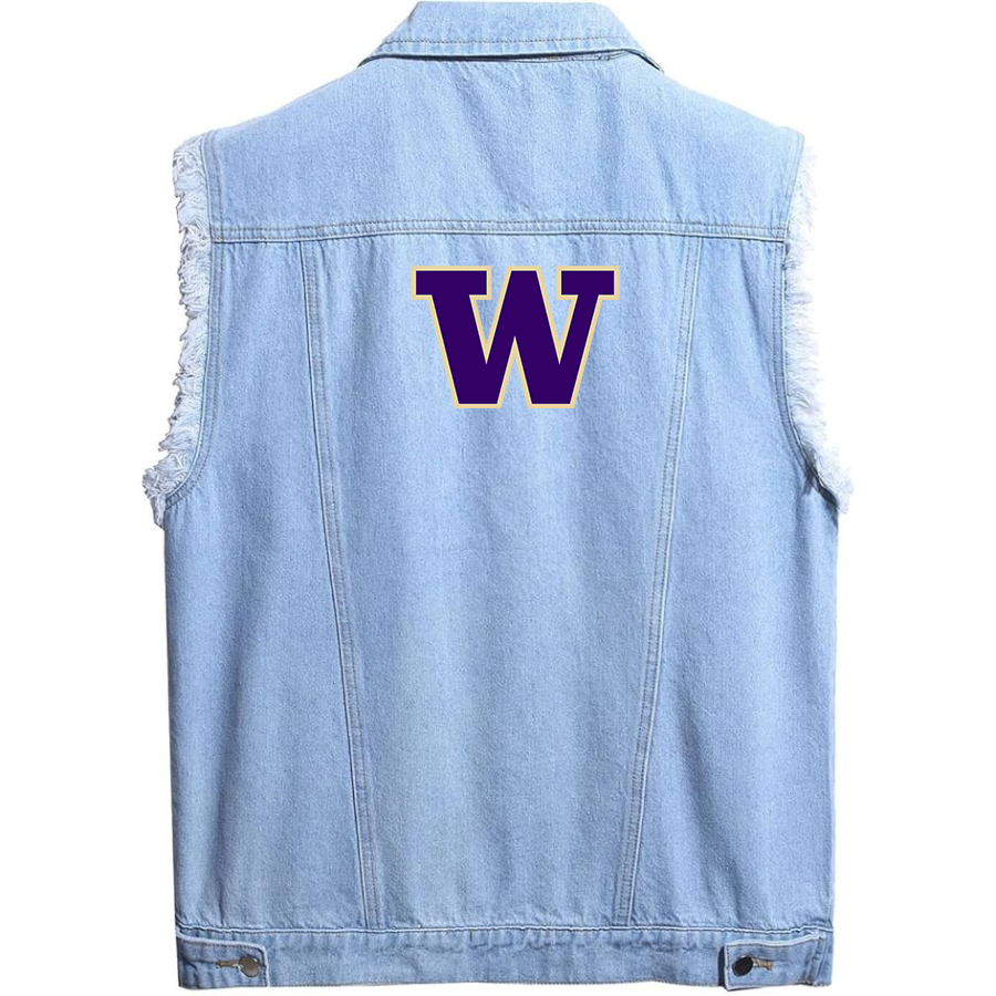 Men's Washington Huskies Sleeveless Distressed Denim Vest  Rugged Black Jean Jacket