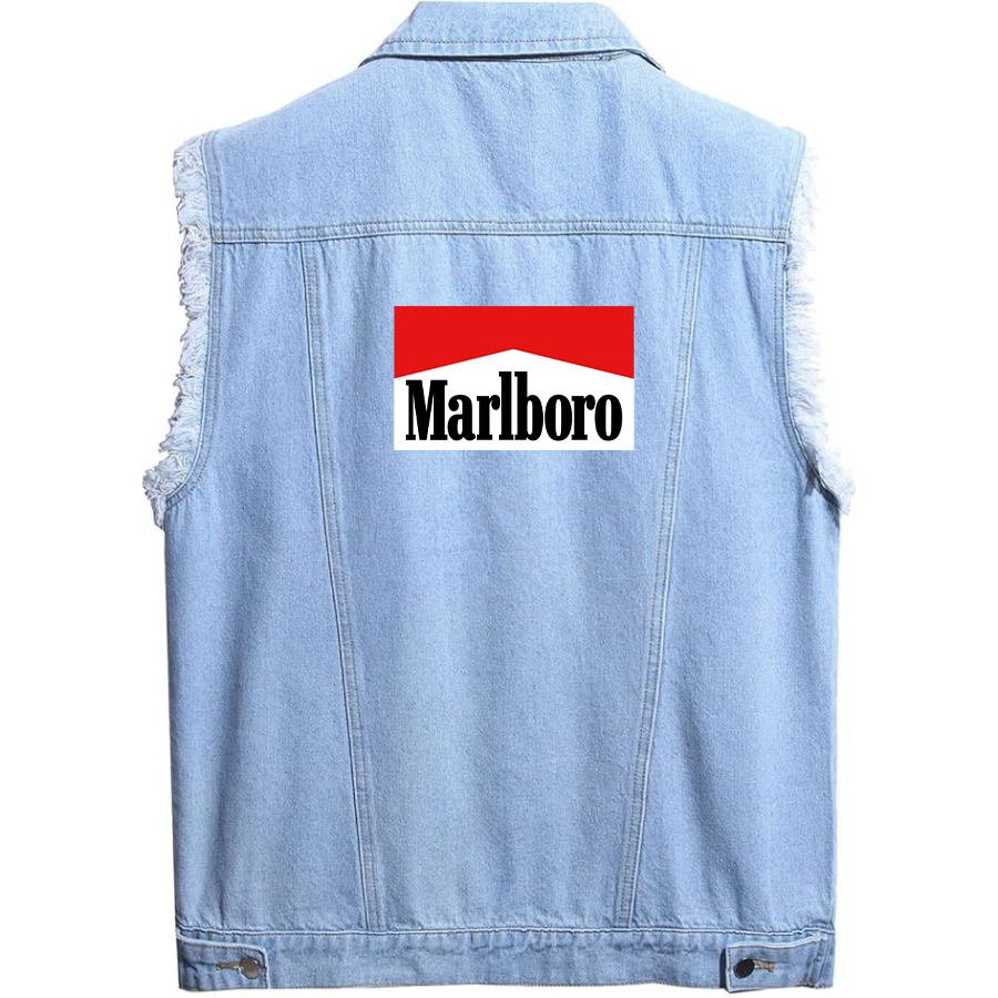 Men's Marlboro Sleeveless Distressed Denim Vest  Rugged Black Jean Jacket