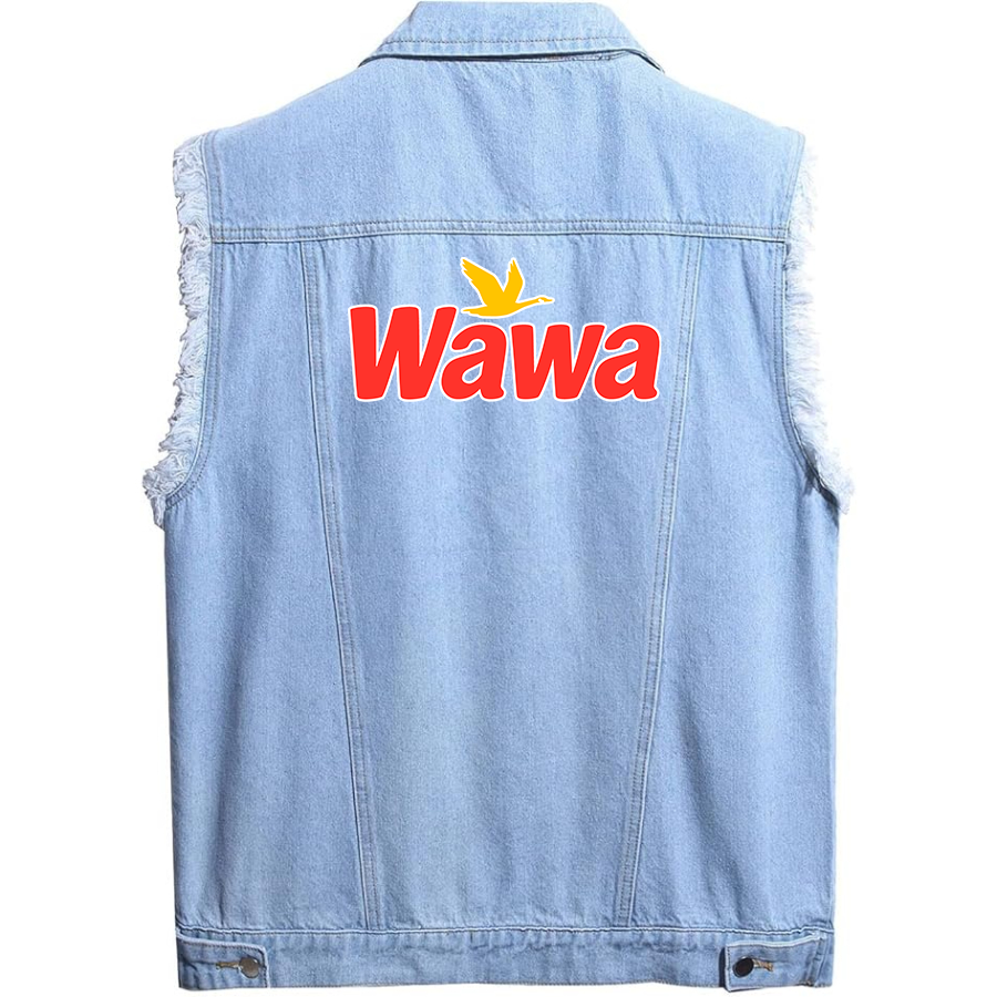 Men's Wawa Gas Station Sleeveless Distressed Denim Vest  Rugged Black Jean Jacket