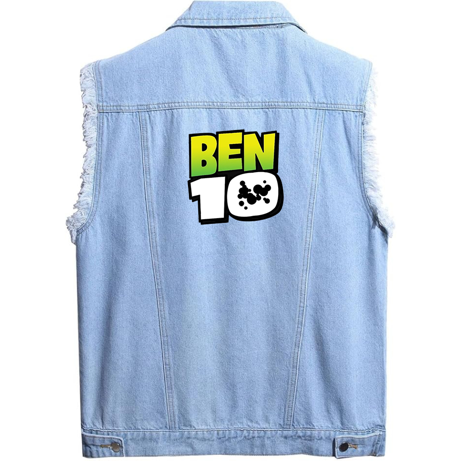 Men's  Ben 10 Sleeveless Distressed Denim Vest  Rugged Black Jean Jacket