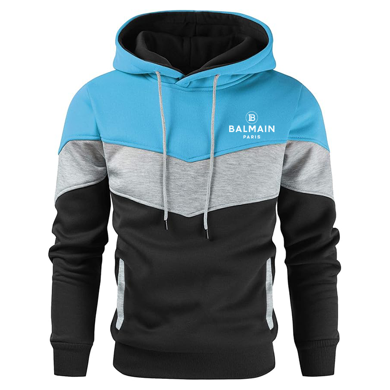 Men's Balmain Paris Gesean Novelty Color Block Pullover Fleece Hoodie Long Sleeve Casual Sweatshirt with Pocket