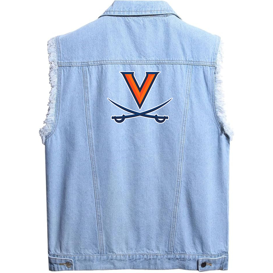 Men's Virginia Cavaliers Sleeveless Distressed Denim Vest  Rugged Black Jean Jacket