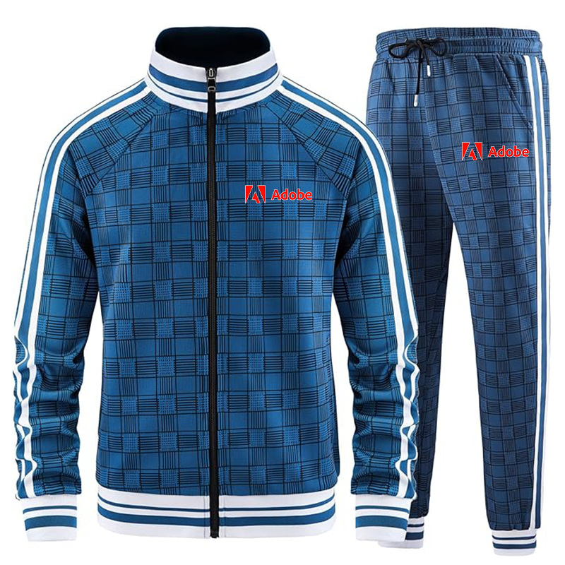 Men's Adobe Corporate   Tracksuits Full-zip Long Sleeve Plaid Track Jackets and Pants 2 Piece