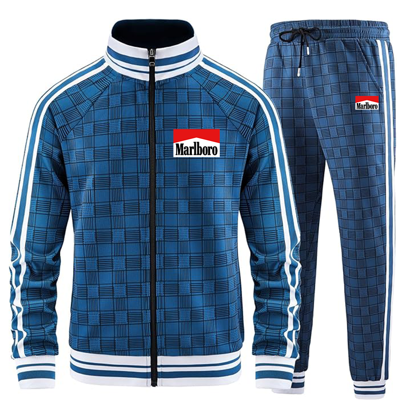 Men's Marlboro Tracksuits Full-zip Long Sleeve Plaid Track Jackets and Pants 2 Piece