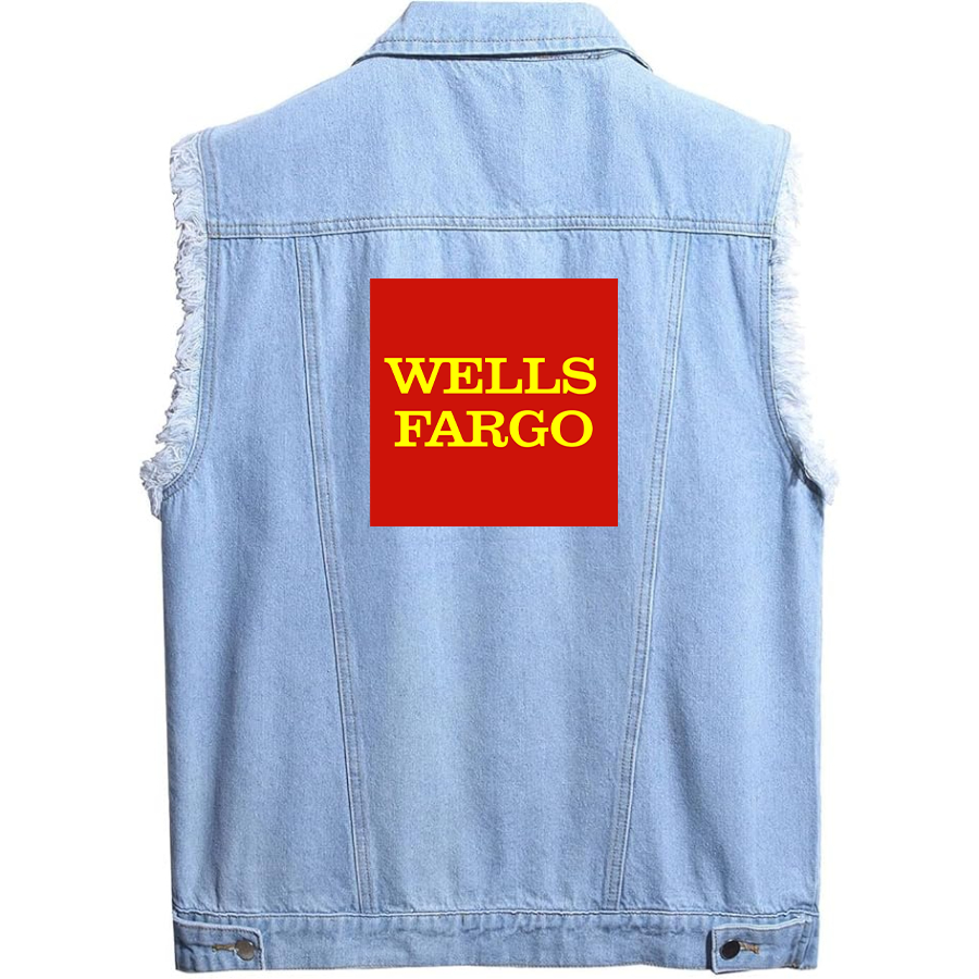 Men's Wells Fargo Sleeveless Distressed Denim Vest  Rugged Black Jean Jacket