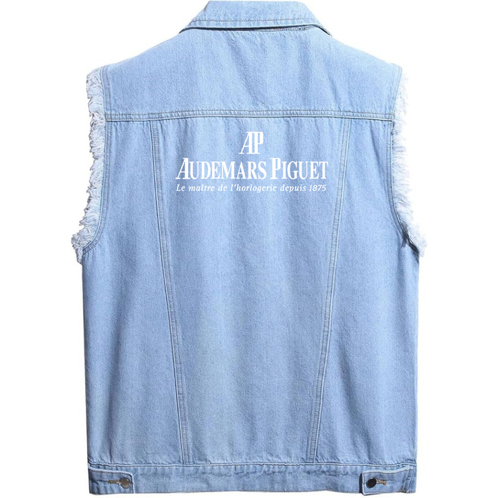 Men's Audemars Piguet Sleeveless Distressed Denim Vest  Rugged Black Jean Jacket