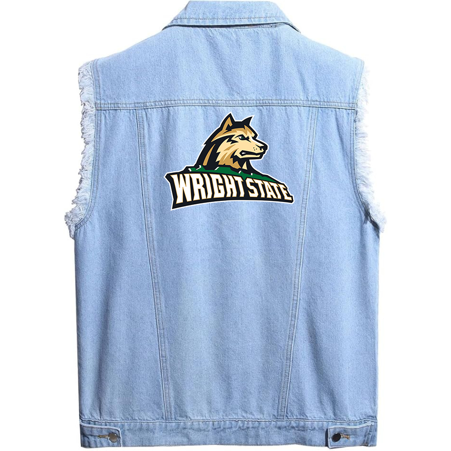 Men's Wright State Raiders Sleeveless Distressed Denim Vest  Rugged Black Jean Jacket