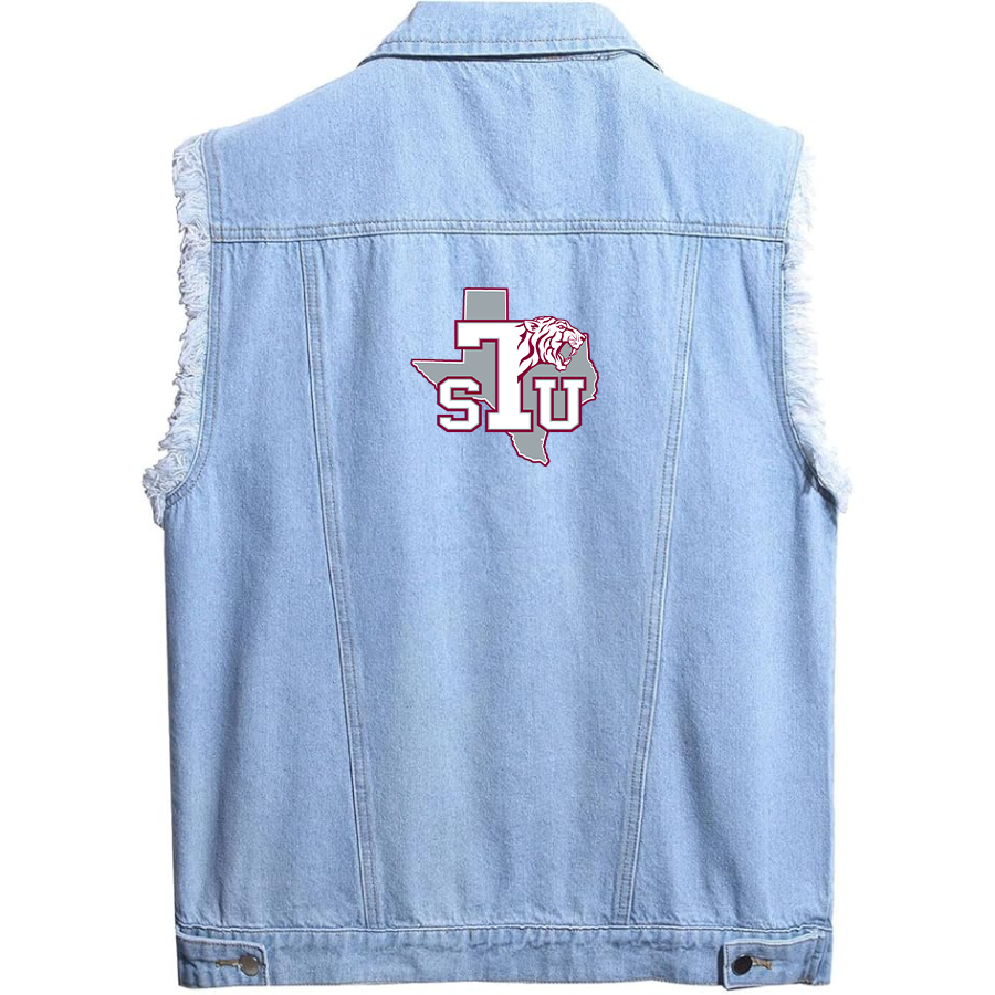 Men's Texas Southern Tigers Sleeveless Distressed Denim Vest  Rugged Black Jean Jacket