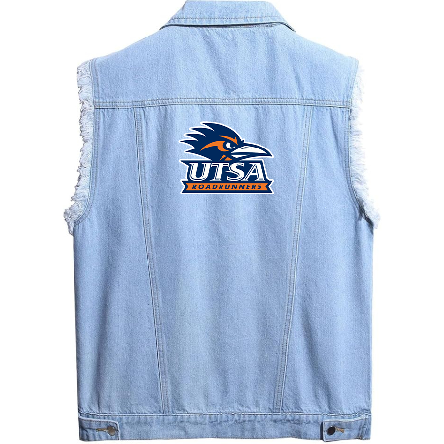 Men's Texas SA Roadrunners Sleeveless Distressed Denim Vest  Rugged Black Jean Jacket