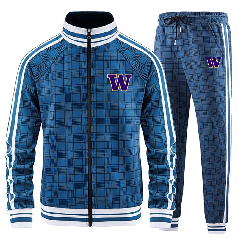 Men's Washington Huskies Tracksuits Full-zip Long Sleeve Plaid Track Jackets and Pants 2 Piece