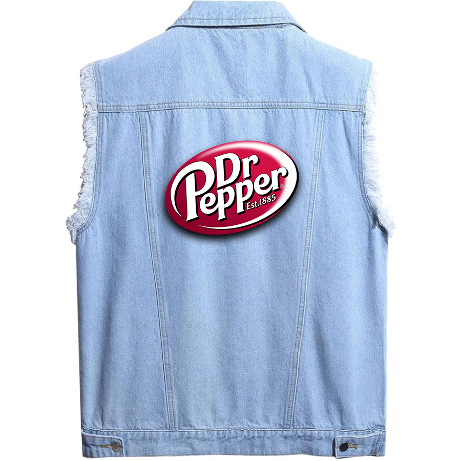 Men's Dr.Pepper Sleeveless Distressed Denim Vest  Rugged Black Jean Jacket