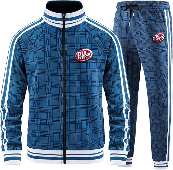 Men's Dr.Pepper Tracksuits Full-zip Long Sleeve Plaid Track Jackets and Pants 2 Piece