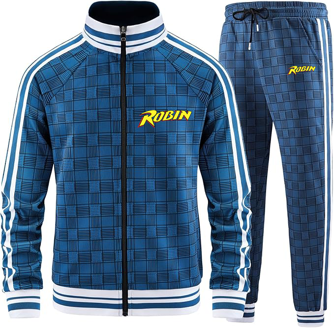 Men's Robin  Tracksuits Full-zip Long Sleeve Plaid Track Jackets and Pants 2 Piece