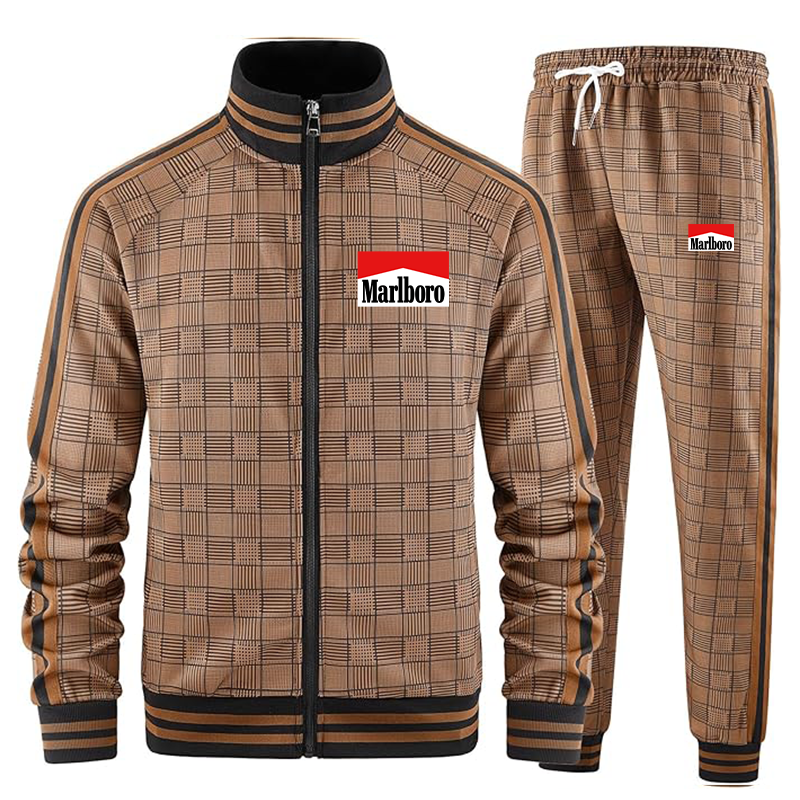 Men's Marlboro Tracksuits Full-zip Long Sleeve Plaid Track Jackets and Pants 2 Piece