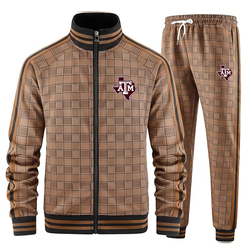 Men's Texas AM Aggies Tracksuits Full-zip Long Sleeve Plaid Track Jackets and Pants 2 Piece