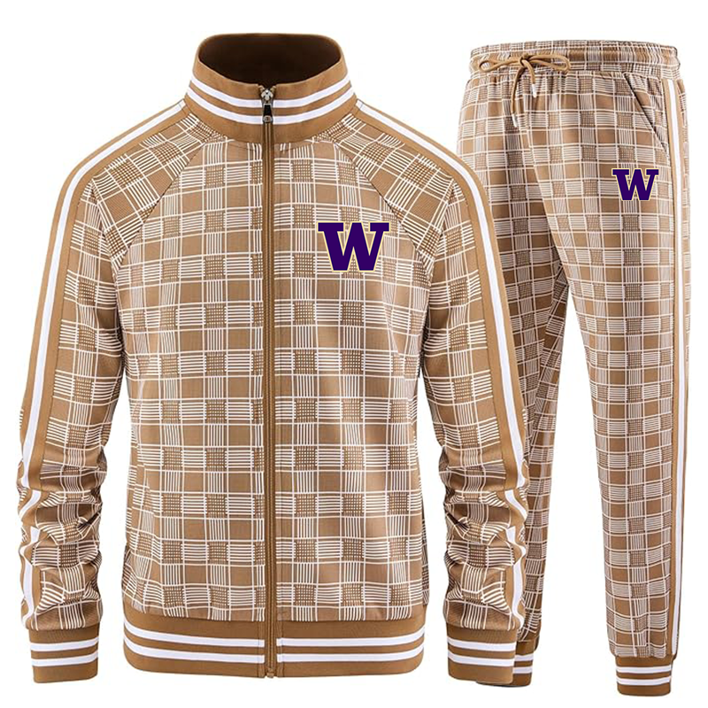 Men's Washington Huskies Tracksuits Full-zip Long Sleeve Plaid Track Jackets and Pants 2 Piece