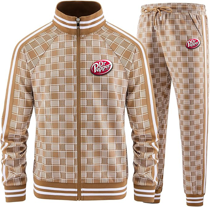 Men's Dr.Pepper Tracksuits Full-zip Long Sleeve Plaid Track Jackets and Pants 2 Piece