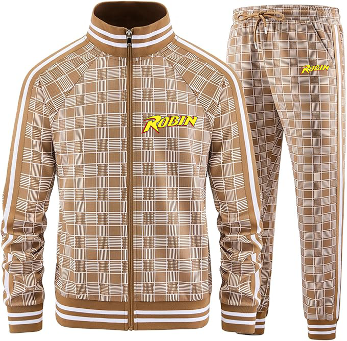 Men's Robin  Tracksuits Full-zip Long Sleeve Plaid Track Jackets and Pants 2 Piece