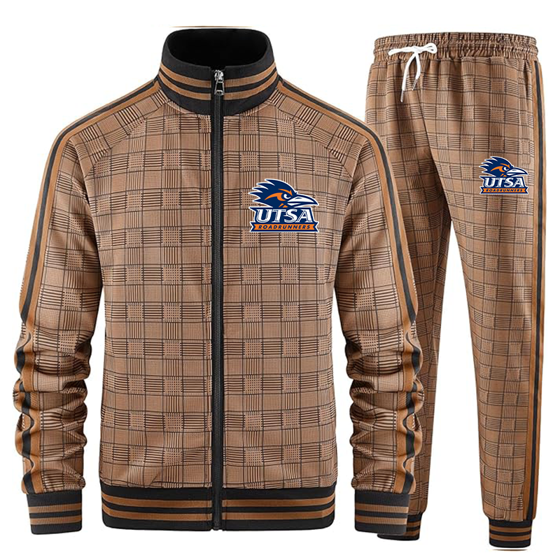 Men's Texas SA Roadrunners Tracksuits Full-zip Long Sleeve Plaid Track Jackets and Pants 2 Piece