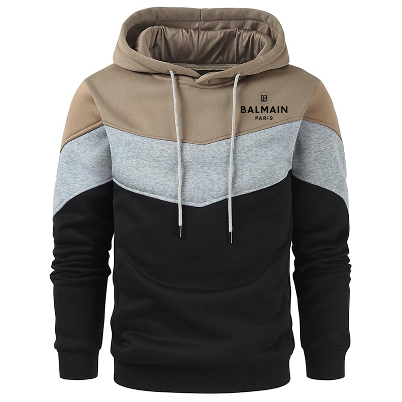 Men's Balmain Paris Gesean Novelty Color Block Pullover Fleece Hoodie Long Sleeve Casual Sweatshirt with Pocket