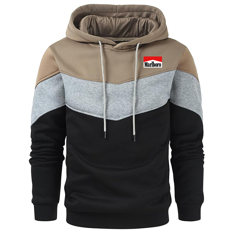 Men's Marlboro Gesean Novelty Color Block Pullover Fleece Hoodie Long Sleeve Casual Sweatshirt with Pocket