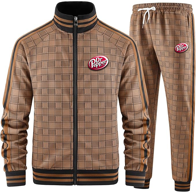 Men's Dr.Pepper Tracksuits Full-zip Long Sleeve Plaid Track Jackets and Pants 2 Piece