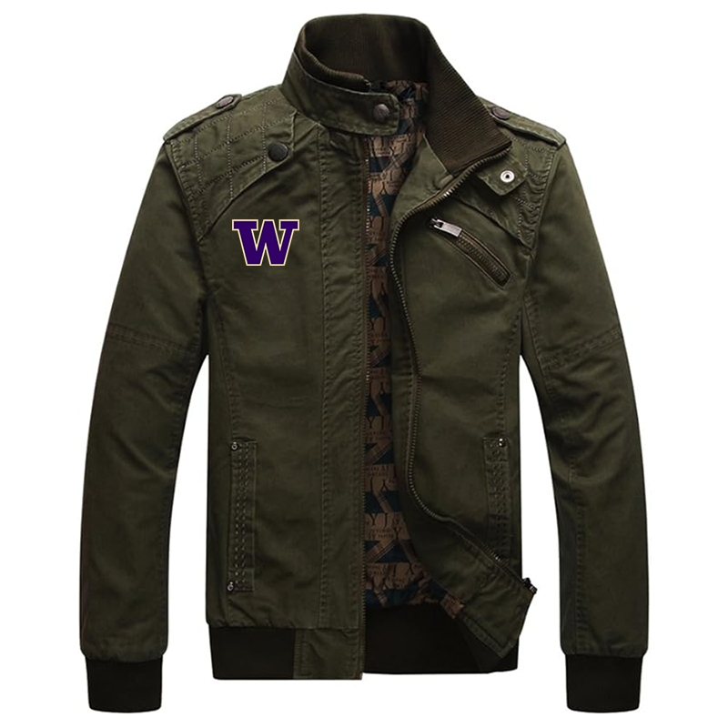 Men's Washington Huskies Dwar Casual Washed Cotton Military Outdoor Jackets with Shoulder Straps