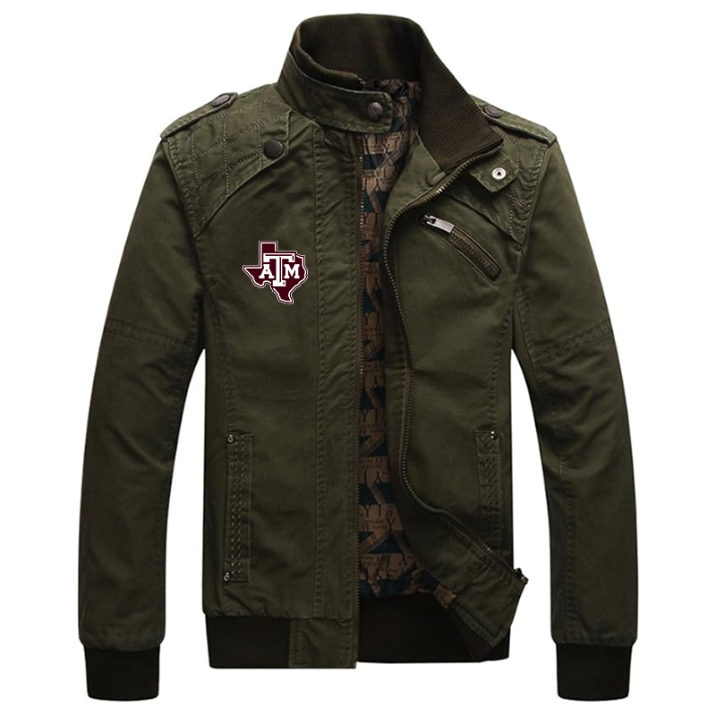 Men's Texas AM Aggies Dwar Casual Washed Cotton Military Outdoor Jackets with Shoulder Straps