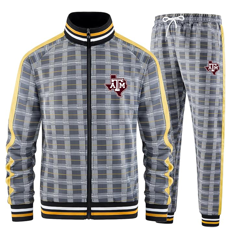 Men's Texas AM Aggies Tracksuits Full-zip Long Sleeve Plaid Track Jackets and Pants 2 Piece